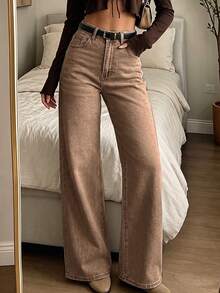 High Waist Washed Stretch Straight Leg Jeans, Casual Comfortable Daily Wear - Brown - View 3