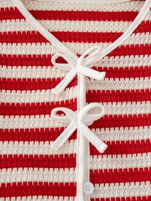 Girls' Casual Fashion Striped Bow Design V-Neck Cardigan Long Sleeve Top And Straight Leg Striped Pants 2-Piece Set, Spring/Autumn - Red - View 4