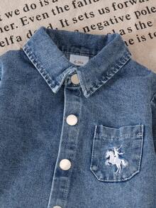 2pcs Baby Girl Cool & Sweet Animal Embroidered Long Sleeve Denim Jacket & Denim Pants Set, Spring/Autumn - Blue - View 4