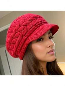 1pc Women's Soft Elastic Cable Knit Newsboy Cap, Short Brim Loose Warm Knitted Beanie, Windproof, Suitable For Daily Outdoor Travel, Autumn/Winter Accessory - Multicolor - View 1