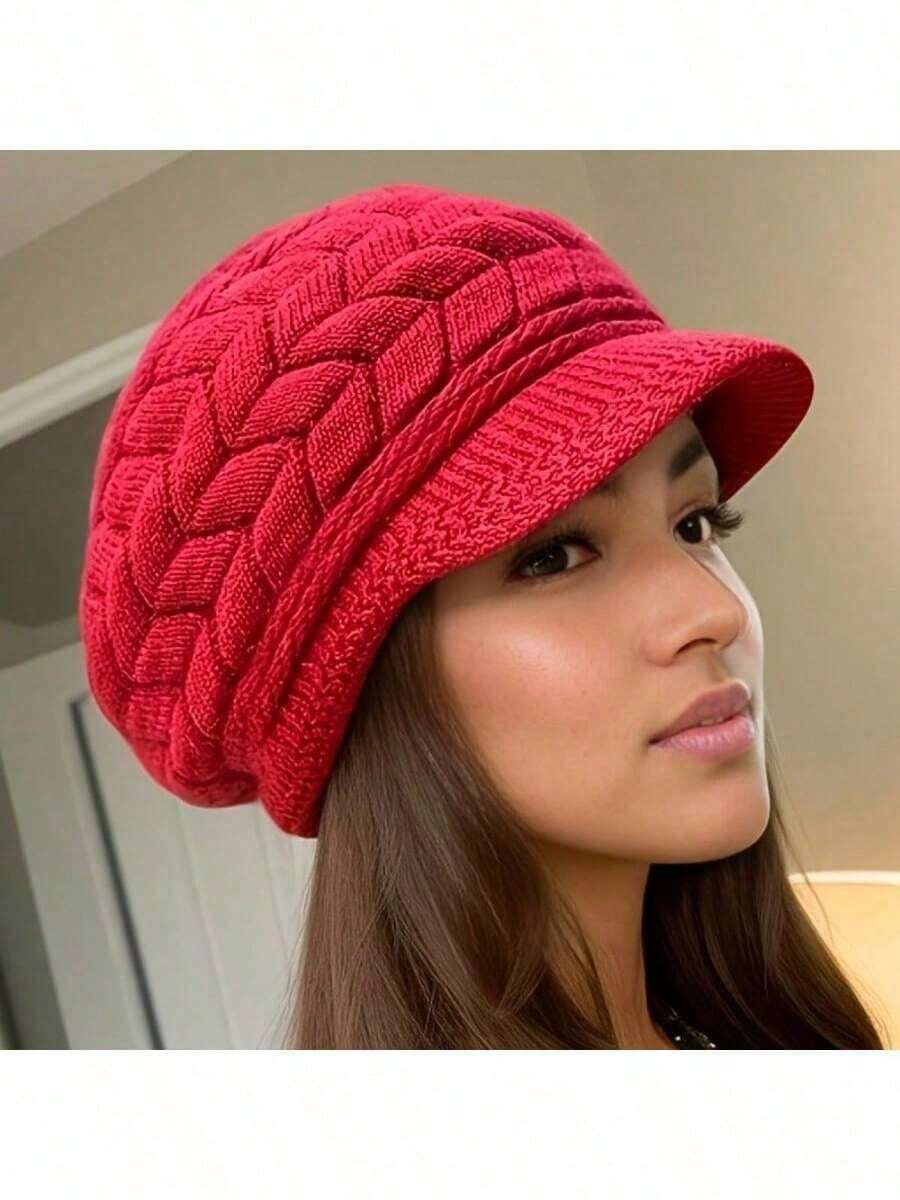 1pc Women's Soft Elastic Cable Knit Newsboy Cap, Short Brim Loose Warm Knitted Beanie, Windproof, Suitable For Daily Outdoor Travel, Autumn/Winter Accessory - Multicolor - View 1