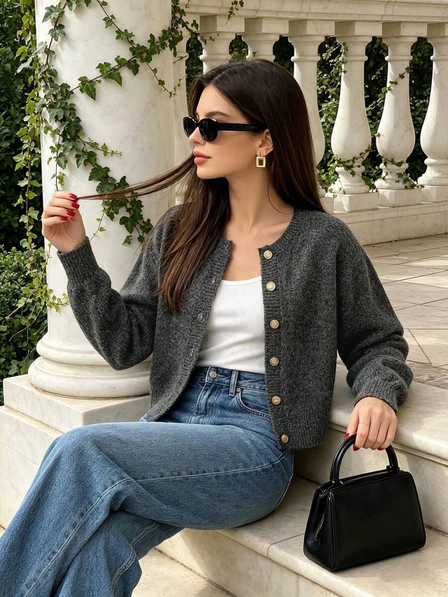 Women's Solid Color Round Neck Single-Breasted Metal Button Ribbed Long Sleeve Loose Casual Cardigan - Daily Casual Wear - Dark Grey - View 1