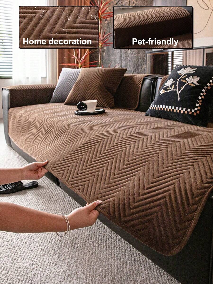 1pc Waterproof Sofa Cover, Thick & Warm For Autumn/Winter, Soft & Skin-Friendly, Machine Washable, Pet-Friendly Anti-Dirty Durable, Suitable For All Seasons, Holiday Decor Furniture Protection, Fit For 1/2/3/4 Seater Sofa Armrest Backrest - Brown - View 1