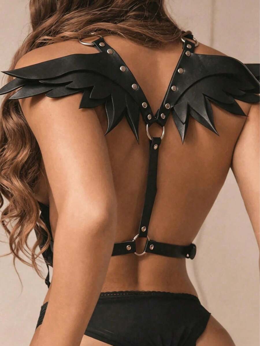 Women's Sexy PU Leather Wing Harness Lingerie Set With Garter Belt, Gothic Style, Black, Adjustable,Halloween - Black - View 1