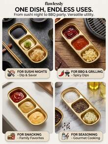 6/3/1pc Gold Stainless Steel 3-Compartment Dipping Sauce Dish Set, Stackable For Easy Storage, Dishwasher , Kitchen BBQ Hot Pot Sushi Soy Sauce Side Dish Condiment Sauce Snack Plate - Multicolor - View 8