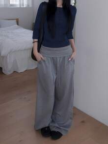 女款韓式時尚鈕扣長袖亨利領休閒T恤 - 藏蓝色 - 查看 4