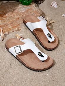 Women's Adjustable Buckle Flip Flops, Casual Summer Beach Toe Sandals, Outdoor Non-Slip Slippers - White - View 6