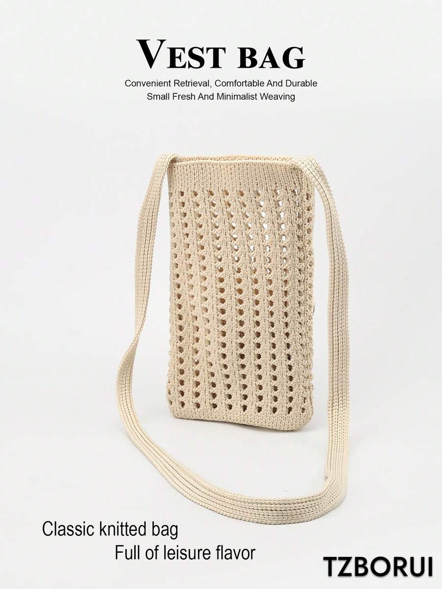 Hollow Knit Phone Small Bag, Summer Breathable Woven Crossbody Bag, Minimalist Artistic Shoulder Small Bag - Multicolor - View 1