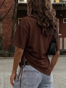 Women Round Neck Drop Shoulder T‑Shirt, Casual Drawstring Side Ruched Asymmetrical Hem Short Sleeve Tee Summer - Coffee Brown - View 5
