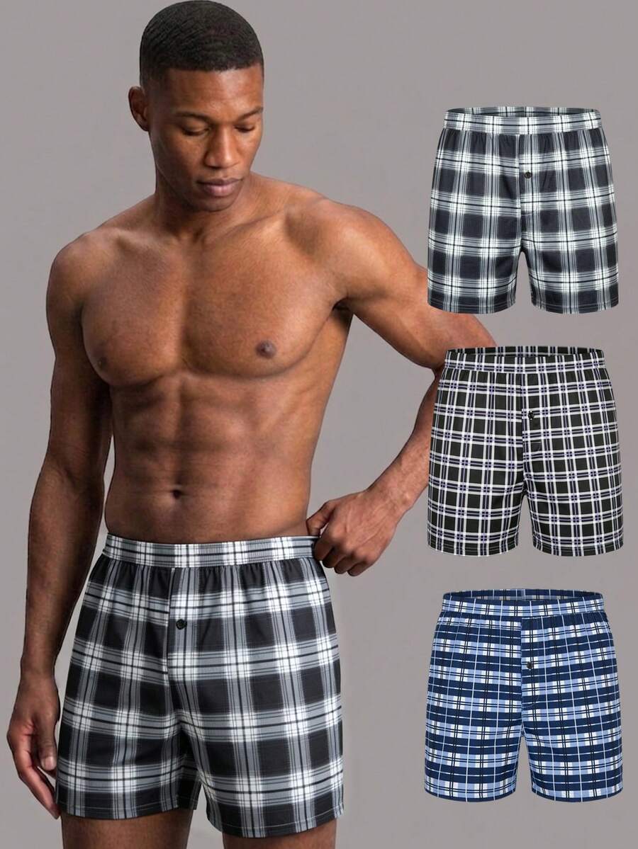 3 Packs Men's Long Underwear, Made Of Smooth Polyester Fabric, And Men's Shorts With Button Placket, Suitable For Daily Wear And Vacation
