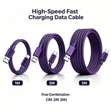 3pcs USB Type C Fast Charging Cable, 3.3ft/6.6ft/9.9ft, USB-A To USB-C Fast Charging Data Cable, Compatible With Android Phones, And Other Android Phones And Type-C Devices, Suitable For Travel/Office Desk Accessories/Car Accessories/Cruise/Indoor/Outdoor, Compatible With IPhone Charger, Purple - Purple - View 10