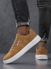 Men's Solid Color Lace-Up Low-Top Round Toe Minimalist Casual Sneakers For Daily Wear - Brown - View 4