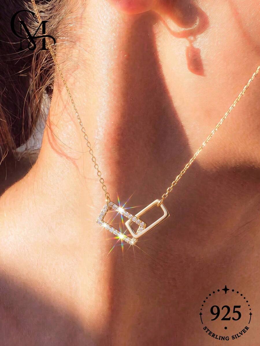 1pc Minimalist Unique 925 Sterling Silver Square Double Ring Necklace, DIY Pendant For Mom, Exquisite Jewelry, Unisex Gift - Style 2 - View 1