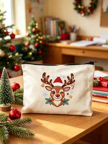 1pc Sweet & Playful Fabric Rectangular Makeup Bag, Embossed Bow Pattern With Label Patch, Zipper Closure Large Capacity Storage Bag, Soft Quilted Cosmetic Bag, Portable Organizer, Suitable For Daily Use, Travel, Bedroom And Back To School - Multicolor - View 3