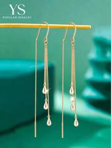 1 Pasang Anting-Anting Rumbai Rantai Panjang Berbentuk Tetesan Air Kecil Berwarna Emas Mewah dan Modis, Cocok untuk Pemakaian Sehari-hari Wanita - Emas - View 4