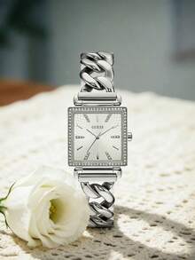 GUESS Luxury W1275L2 Analog Watch, Crystal Paved Square Case Multi-Chain Gold Metal Band Women Wristwatch - Gold - View 13