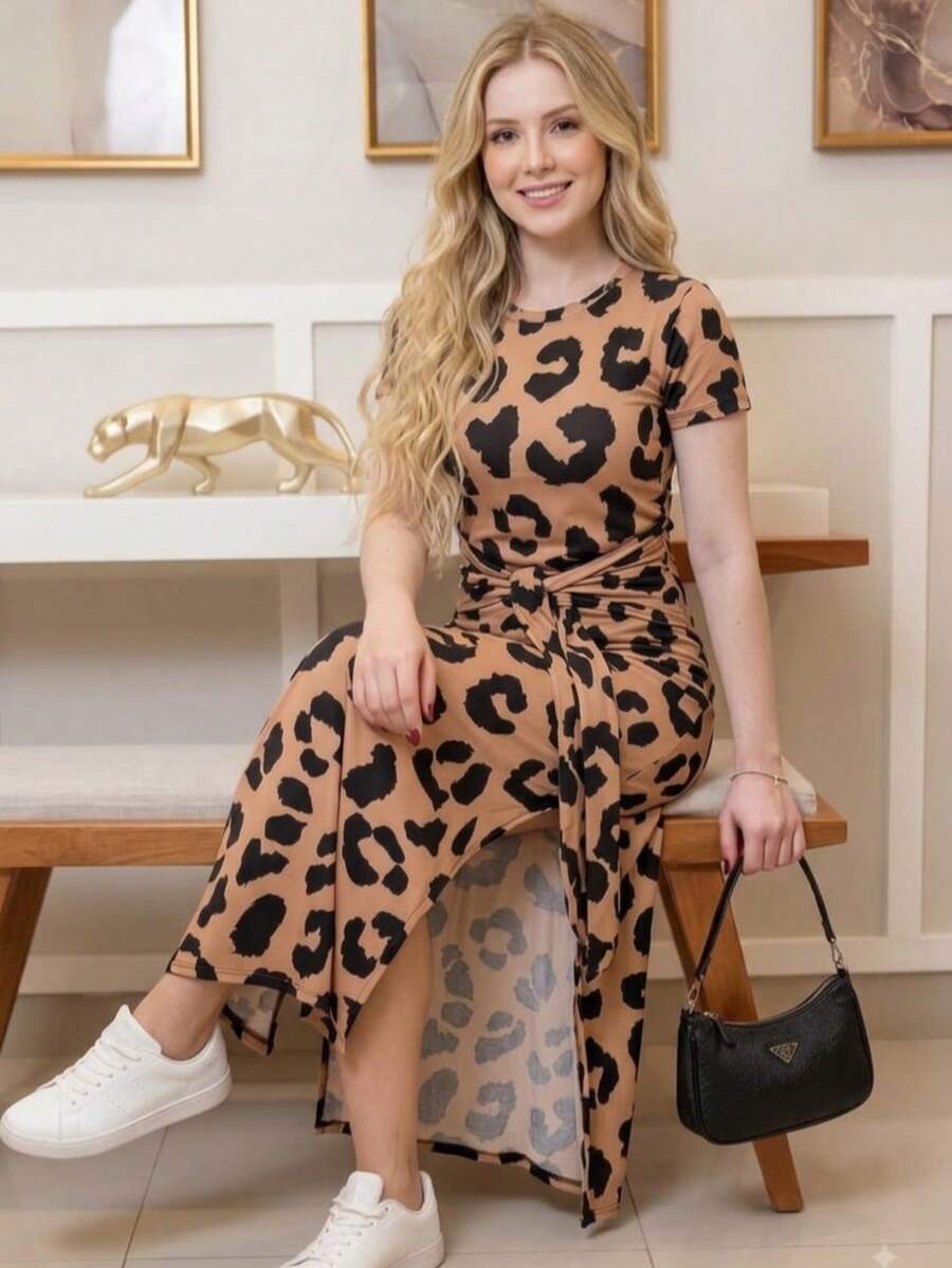 Vestido viscolycra  Midi de amarrar na cintura  com fenda lateral