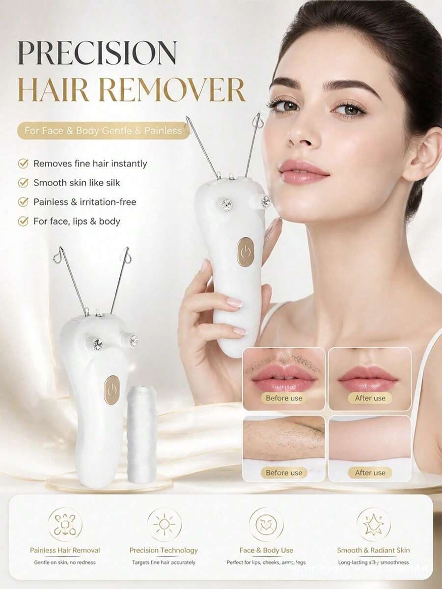 1 قطعة جهاز إزالة شعر الوجه بالخيط، جهاز إزالة الشعر الكهربائي للنساء، جهاز إزالة الشعر بالخيط الآلي القابل للشحن بدون سلك للذقن والشفة العليا والذراعين والساقين والظهر - أبيض - مشاهدة 1