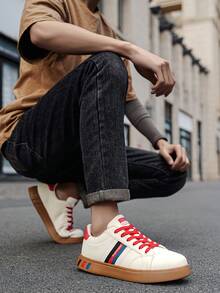 Men's Classic Beige Striped Colorblock Design Casual Sneakers, Versatile Comfortable Outdoor Skateboard Shoes - Beige - View 10
