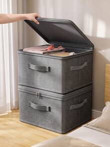 Foldable Linen Texture Fabric Storage Box With Zipper Lid, Dustproof Collapsible Clothes Organizer Bin With Reinforced Handle, Stackable Closet Storage Container For Garments, Bedding & Household Sundries - Grey - View 5