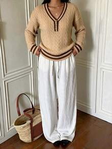 Teen Girls Elegant V-Neck Button Cable Knit Pullover Sweater, Fashion Minimalist Colorblock Casual Versatile Knit Top - Khaki - View 6