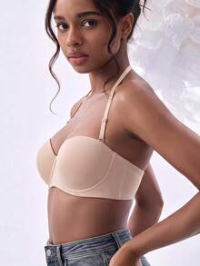 Women's Black Casual Bandeau Push-Up Bra, Medium Elastic Fabric, Seamless Support - Beige - View 6