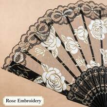 1pc White Lace Floral Folding Fan With Tassel, Vintage Rose Embroidery Hand Fan, Elegant Decorative Handheld Fan For Wedding Photoshoot, Cosplay Party - Multicolor - View 5