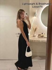 優雅女款無袖掛脖 A 字長洋裝，後背繫帶、下擺喇叭設計，黑色夏季款，時尚優雅 - 黑色 - 查看 8
