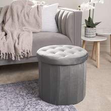Round Velvet Folding Storage Pouffe Equipped With A Lid, Works As Multifunctional Ottoman For Home Use - Charcoal Grey - View 6
