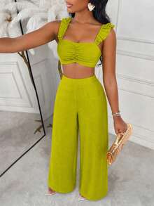 Women's Autumn Green Fashion 2 Pieces Set, Square Neck Ruffle Ruched Cropped Camisole With Elastic Back Design, Paired With High-Waist Wide-Leg Pants; Suitable For Vacation, Holiday, Date, Party, Weekend Outing And Festival Wear - Olive Green - View 9