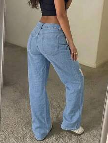Quần jean denim ống rộng dài phong cách Y2K dáng suông rộng kiểu boyfriend, streetwear thường ngày, màu wash, có túi, dành cho nữ - Rửa nhẹ - Xem 3