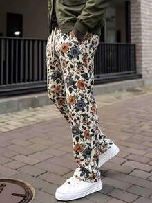 Men's Casual Straight Leg Fashion Vintage Floral Print Long Pants - Khaki - View 4