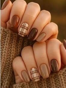 24PCS Autumn/Winter Caramel Brown & Milk Coffee Plaid Wearable Nails, Medium Square Shape, Skin-Flattering Handmade Press-On False Nails, Removable Nail Stickers - Mocha Brown - View 7