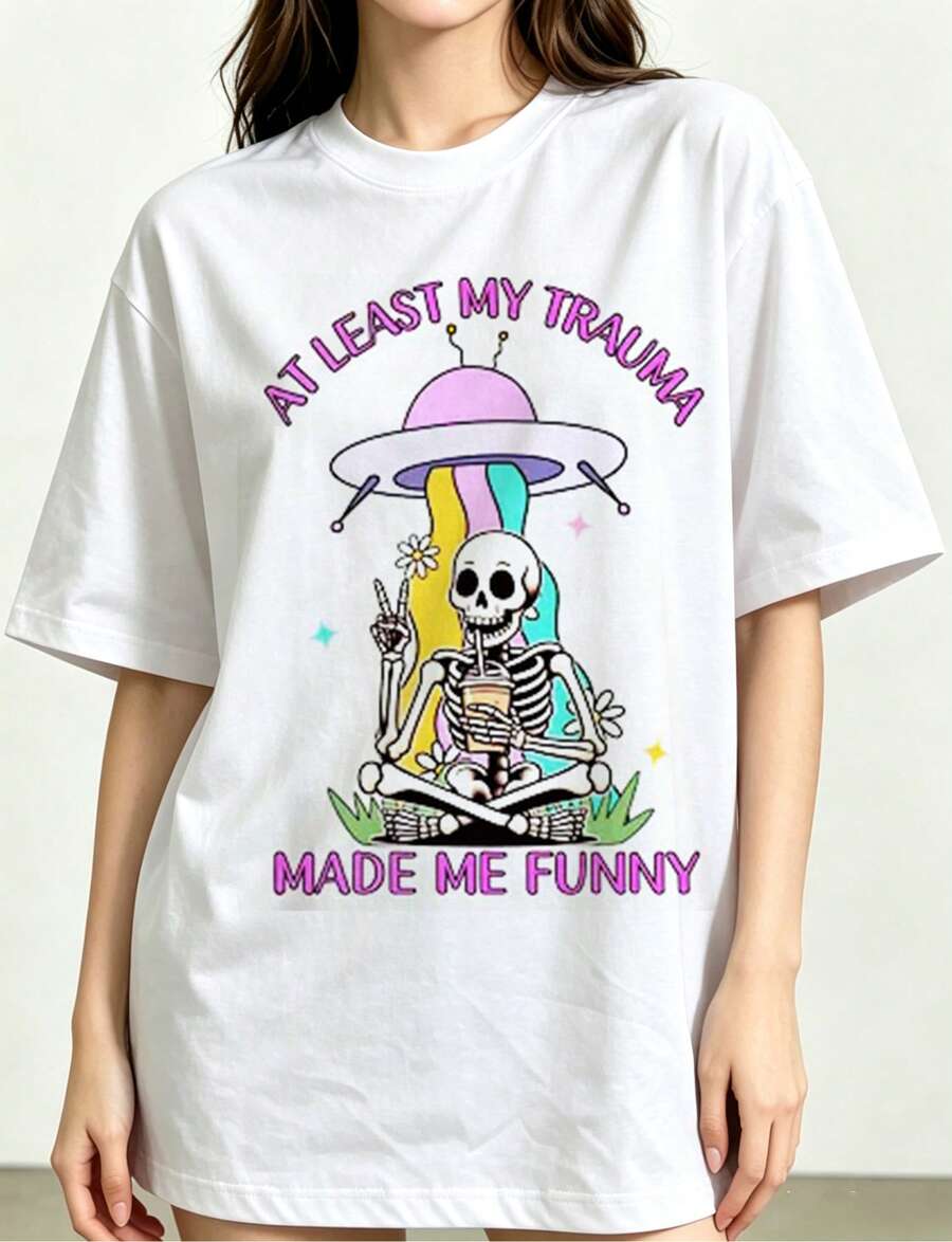 Oversized T-Shirt With Skeleton UFO Print, Comfortable For Festivals And Group Celebrations - 白色 - 查看 1
