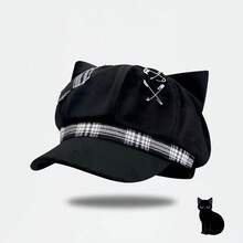 2pcs/Set Topi Beret Punk Keren dengan Telinga Kucing & Kalung Manik-Manik Salib Berlapis, Aksesori Pakaian Unik dan Personal - MultiWarna - View 4