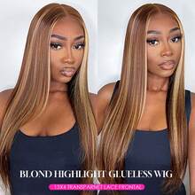 13x6 34Inch Ombre Highlight Straight Lace Front Wig 200% Density #4/27 Piano Color Honey Blonde Brown Wig Blended Hair Wig 13X4 Transparent Lace Frontal Wig For Women Pre Cut Lace Wear And GO Glueless Wig Pre Plucked Balayage 5x5 4x4 Lace Closure Wig - SP4/27 - View 5