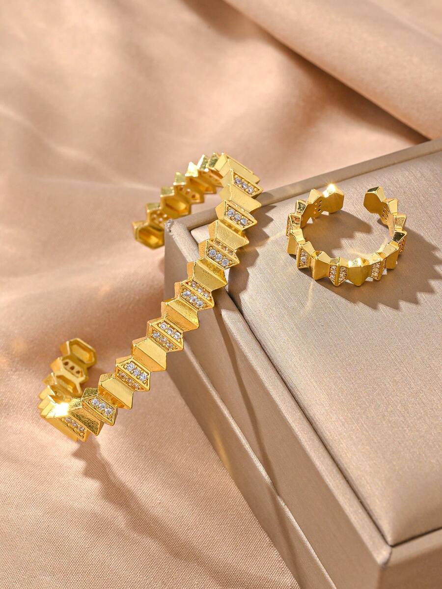 24K 香檳金手鍊套組，百搭紋理銅材質鑲鋯石，適合日常穿戴、聚會、約會、派對，適合作為禮物 - 金色 - 查看 1