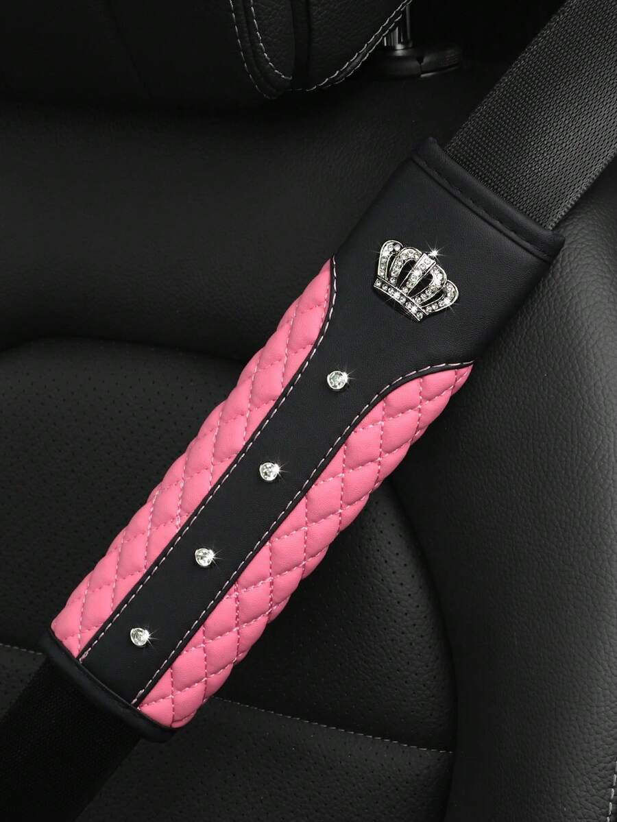 1件裝閃亮水鑽皇冠皮革刺繡汽車安全帶肩墊，舒適減壓防磨損安全帶保護套