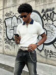 Men's Knitted Zip Polo Shirt, Contrast Navy Blue Collar And Cuffs With Textured Jacquard Pattern, Short Sleeve, Suitable For Summer Daily Casual Wear - White - View 2
