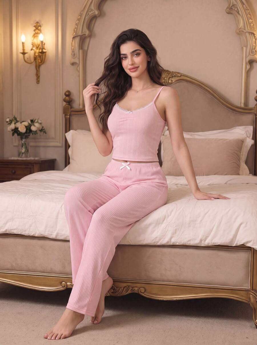Sweet Cute Women's Pajama Set Backless Bow Detail Camisole & Long Pants Ribbed Knit Stretchy Soft Pink Vibrant Campus Sleepwear - Pink - View 1