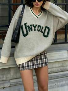 Women's Spring/Autumn Beige Striped V-Neck Letter Print Sweatshirt, Loose Drop Shoulder American College Style Lazy Long Sleeve Pullover Top - Apricot - View 5