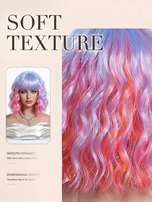 Blue Pink Orange Ombre 12Inch Synthetic Wig Full Bangs Water Wave Bob Layered Cut Vibrant Cosplay Look Fashion Accessory For Daily, Party, Halloween & Christmas - Multicolor - View 5
