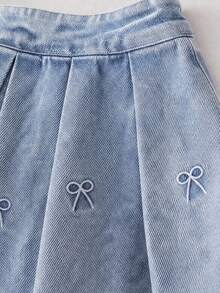 2pcs/Set Girls Denim Skirt Set, White Polo Collar Long Sleeve Top With Embroidered Bow Pleated Skirt - White - View 6