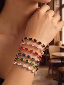 1pc Stainless Steel Women's 7-Color Tennis Bracelet, Multi-Color Gemstone Interspersed Design, Can Be Layered And Combined For Different Styles. Suitable For Graduation Ceremony, Wedding, Prom And Other Occasions - Yellow Gold - View 3
