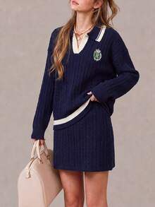 Women's Autumn/Winter Casual Minimalist Preppy Style Pullover & Skirt 2 Pieces Set - Navy Blue - View 3