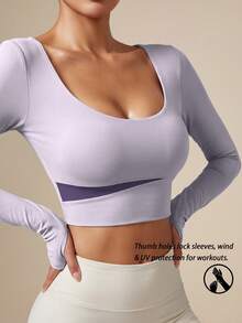 Soyun Women's U-Neck Dual-Color Patchwork Long Sleeve Yoga Quick-Dry Top, Slim Fit Athletic Wear, Elastic And Breathable, Suitable For Gym, Running And Fitness - Purple - View 5