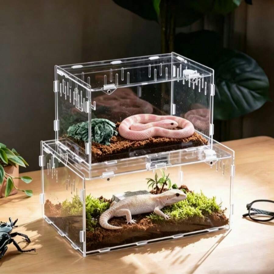 3D Transparent Magnetic Acrylic Reptile Breeding Box, Breathable Escape-Proof Stackable Observation Storage Tank, Home Desktop Pet Breeding Observation Box, Suitable For Beetles, Geckos, Snakes, Lizards, Turtles, Reptile Enthusiasts, Beginner Players, Multi-Pet Breeding Specialized Reptile Tank - White - View 1