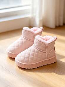 1 Pair Kids Quilted Thermal Lined Snow Boots With Thick Lamb Wool Lining, Non-Slip, Warm Ankle Boots For Boys And Girls In Winter - Pink - View 2