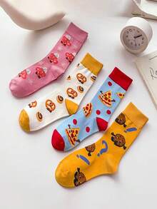 1/4 par de calcetines divertidos con estampado de comida a media pantorrilla, patrón de pizza, galleta, pan, fresa y dibujos animados, calcetines versátiles y lindos para niñas - Multicolor - Ver 6