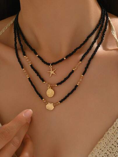 3pcs/Set Summer Bohemian Style Zinc Alloy Starfish Shell Disc Pendant Bead Chain Multilayer Necklace, Suitable For Women Beach Holiday Wear